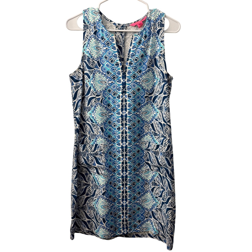 Lilly Pulitzer Blue White Geometric Tassel Shift Dress Womens Size 4 Coastal